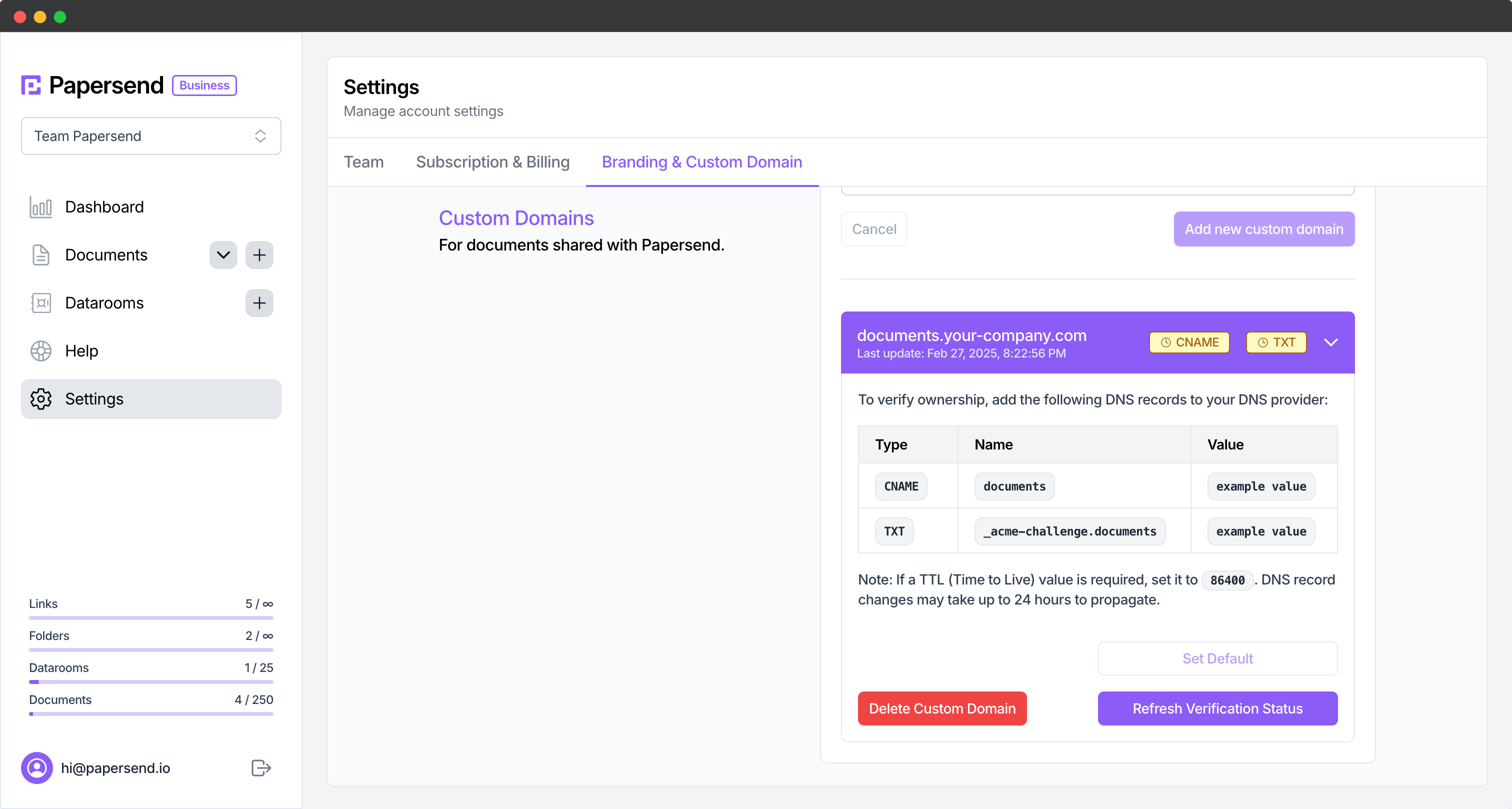 Papersend Domain Settings Papersend Domain Settings